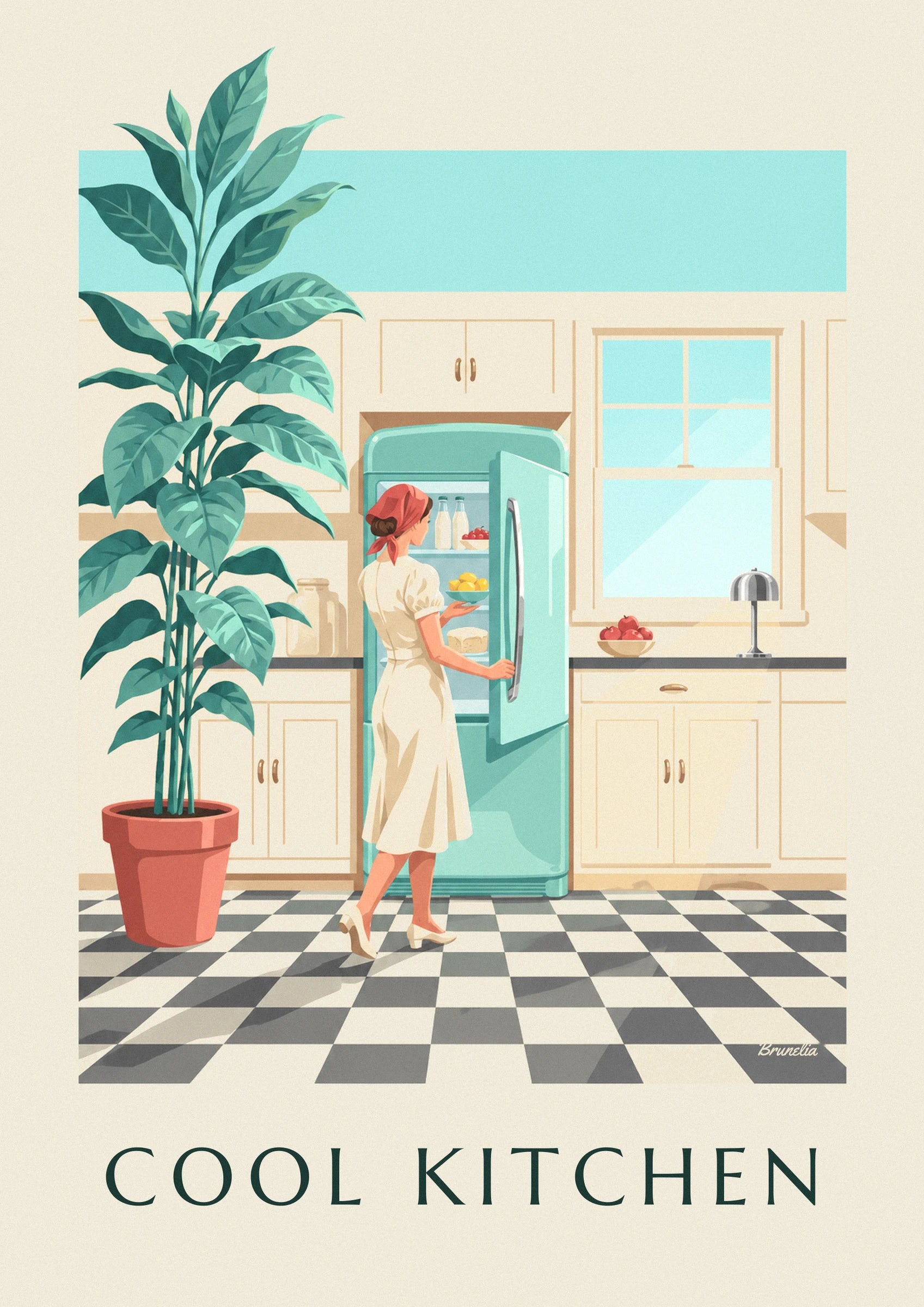 Póster de nevera redondeada verde menta en una cocina: detalle en primer plano
