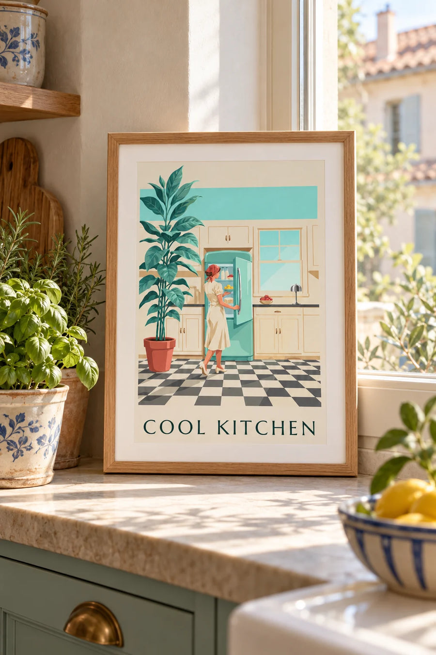 Póster frigorífico redondeado verde menta en una cocina: formato pequeño A4 enmarcado