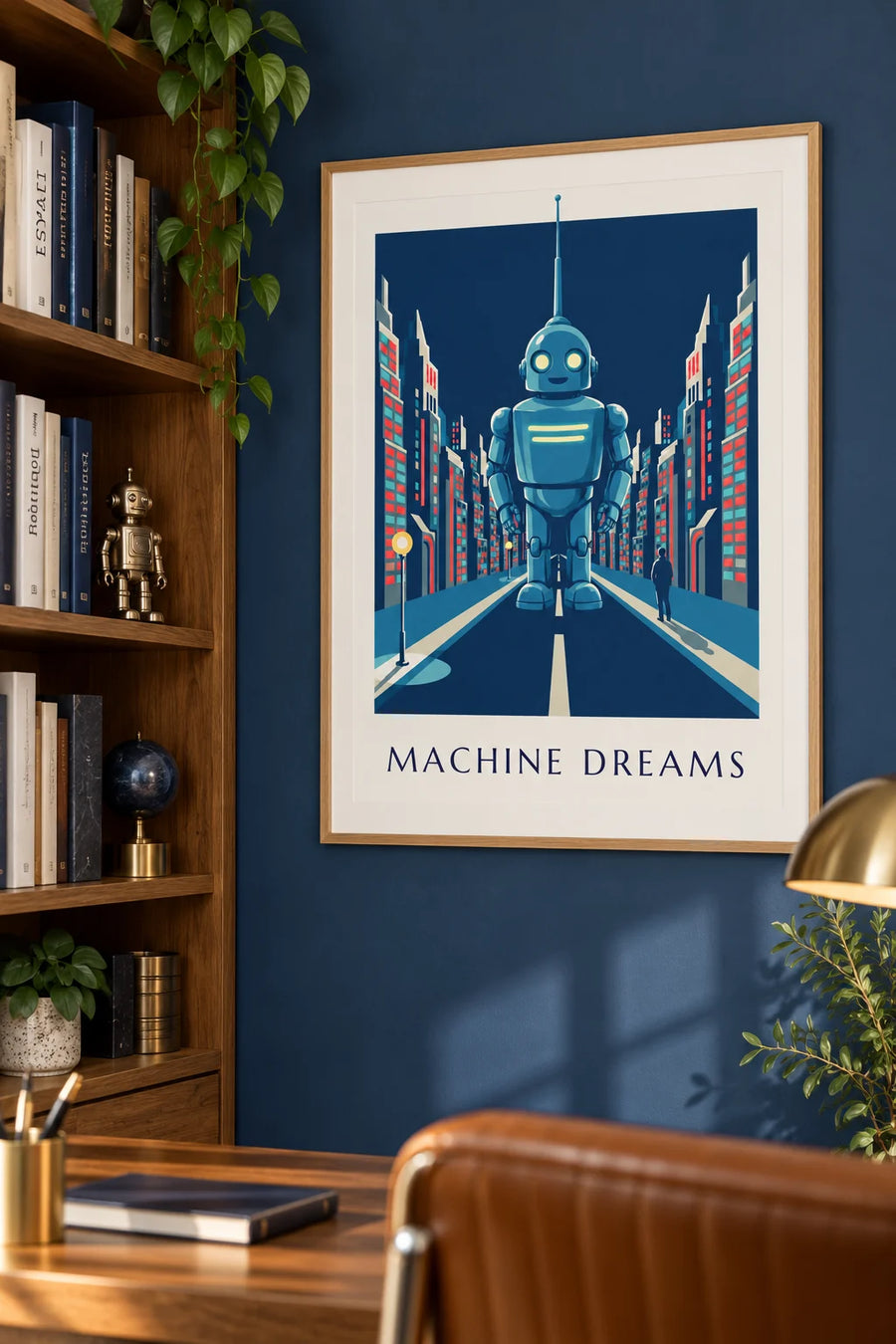 Póster robot futurista con luces de neón en una ciudad de noche: enmarcado en la pared