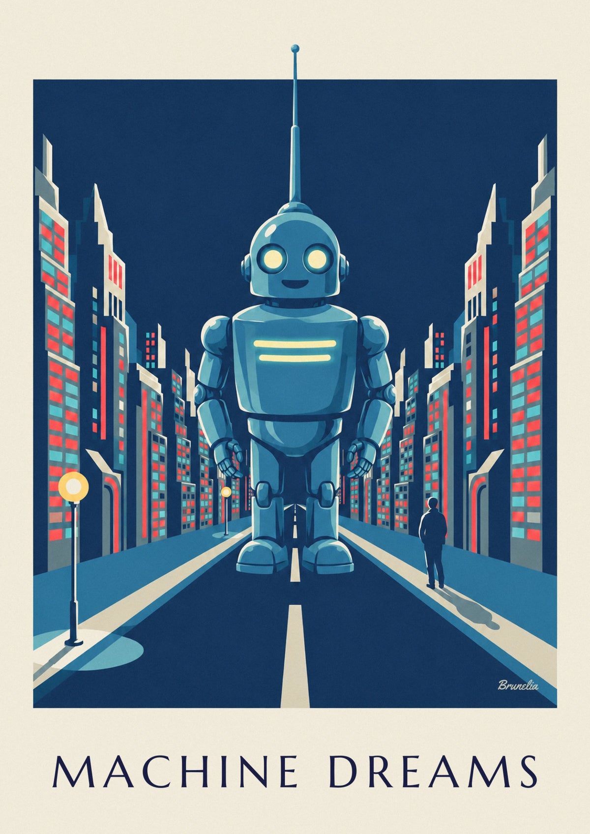 Affiche robot futuriste aux lumières néon dans une ville la nuit