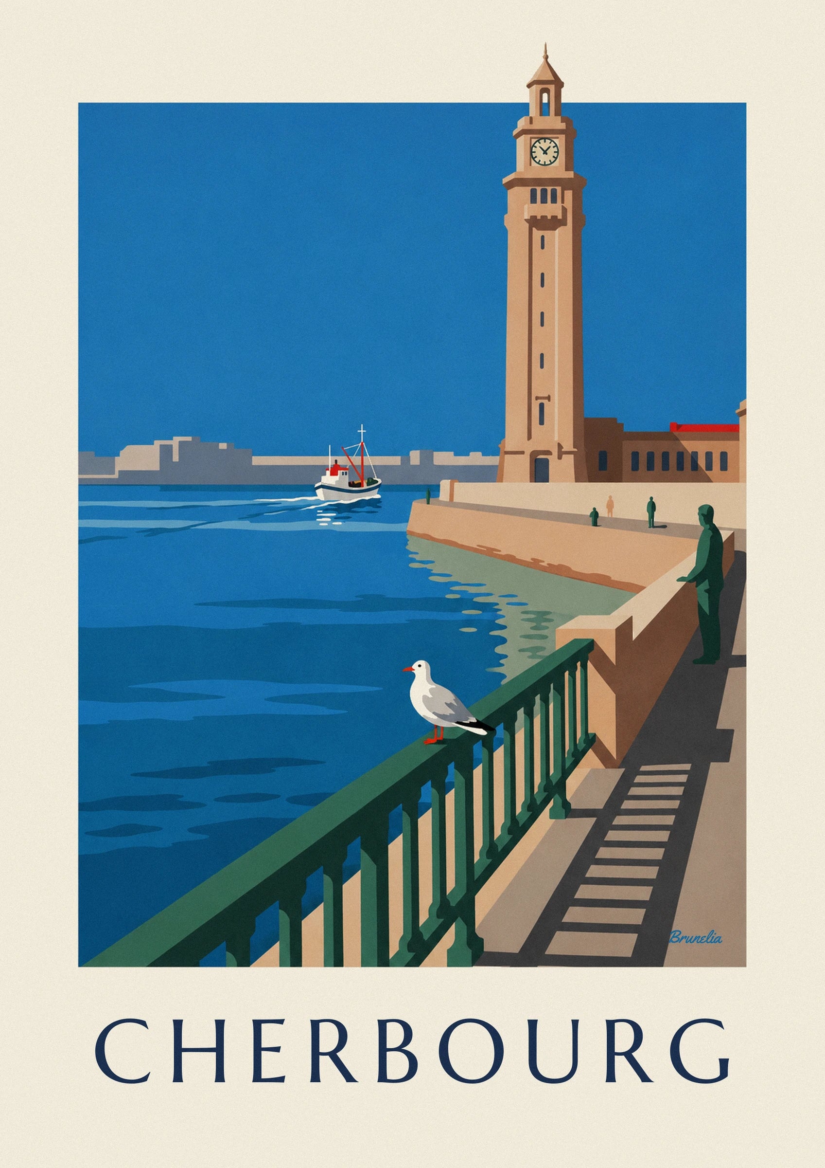 The ochre tower of the Cherbourg ferry terminal and its clock against a blue background