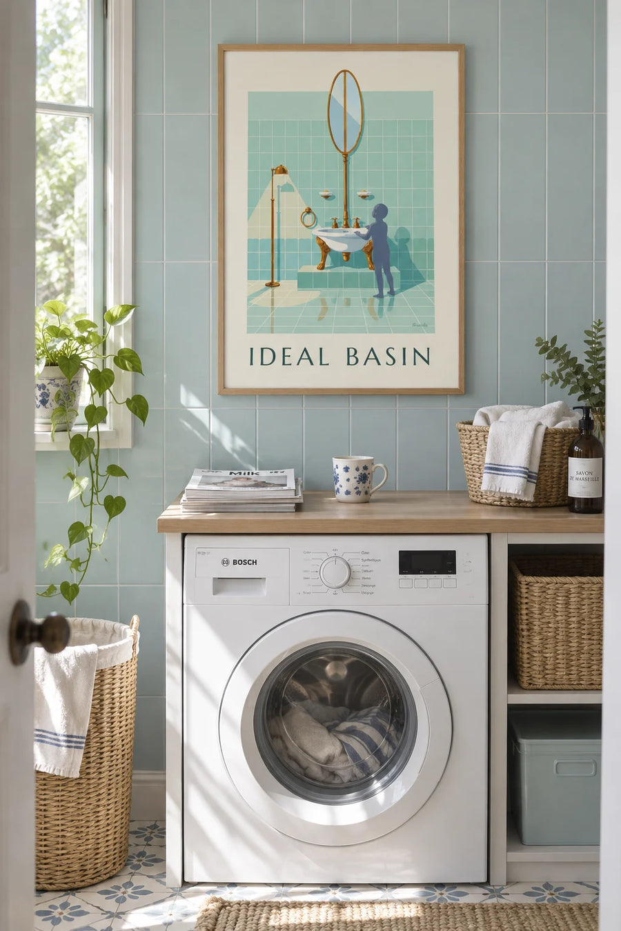 Affiche lavabo en porcelaine sur pieds pour salle de bain : encadrée au mur