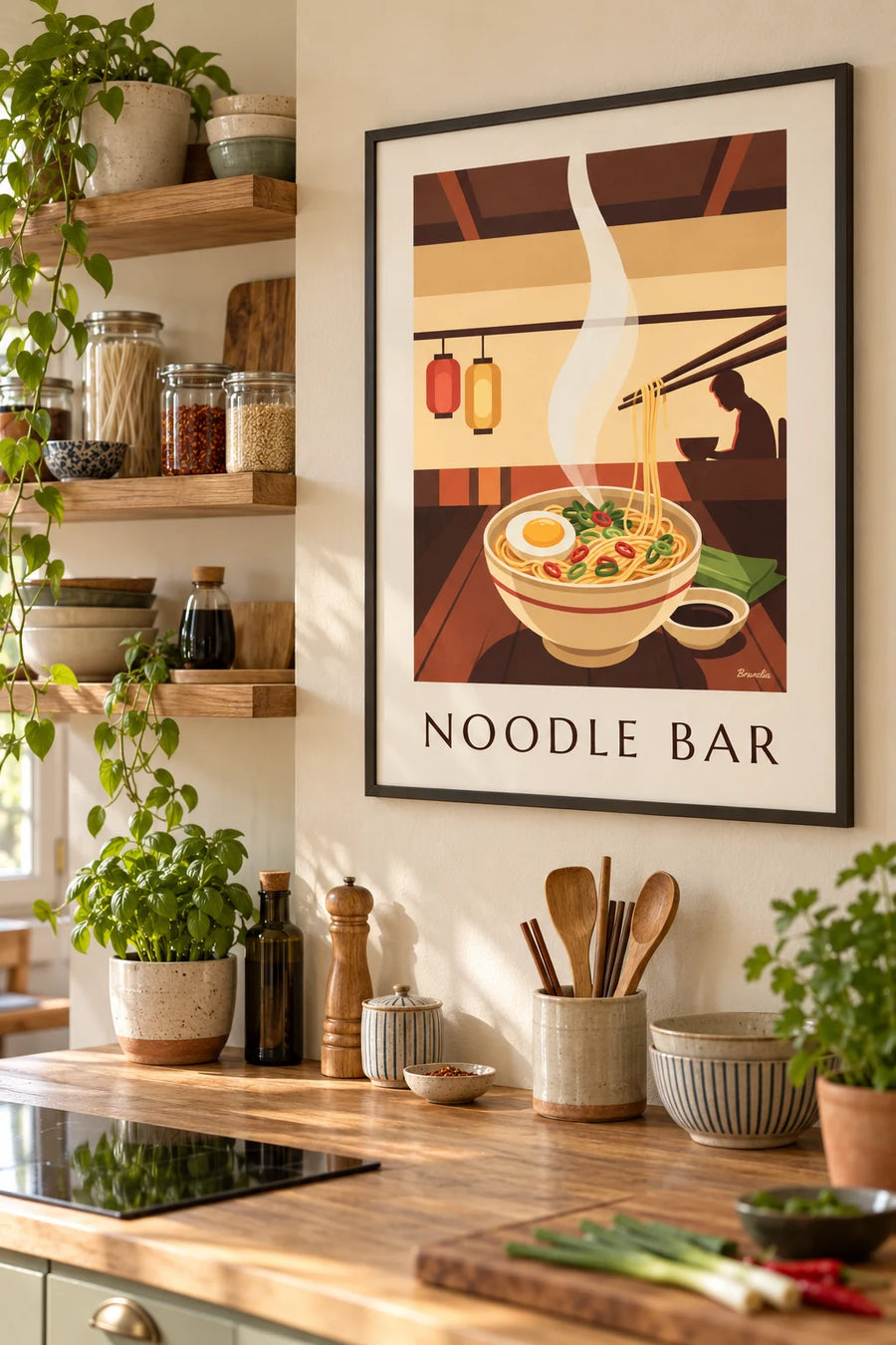Póster cuenco de fideos asiáticos humeante y palillos: enmarcado en la pared