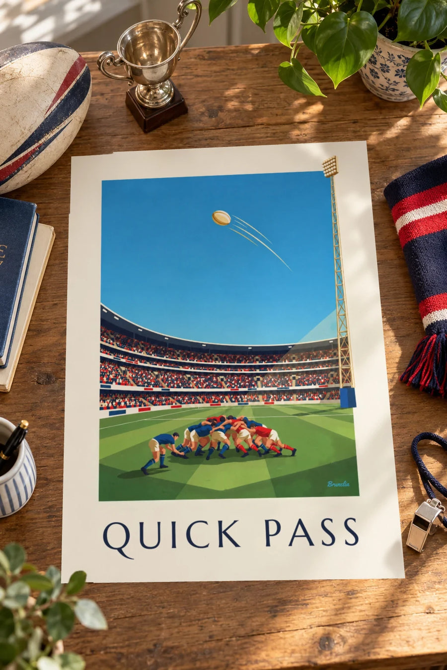 Póster medio melé lanzando el balón a la salida de una melé: sobre una mesa