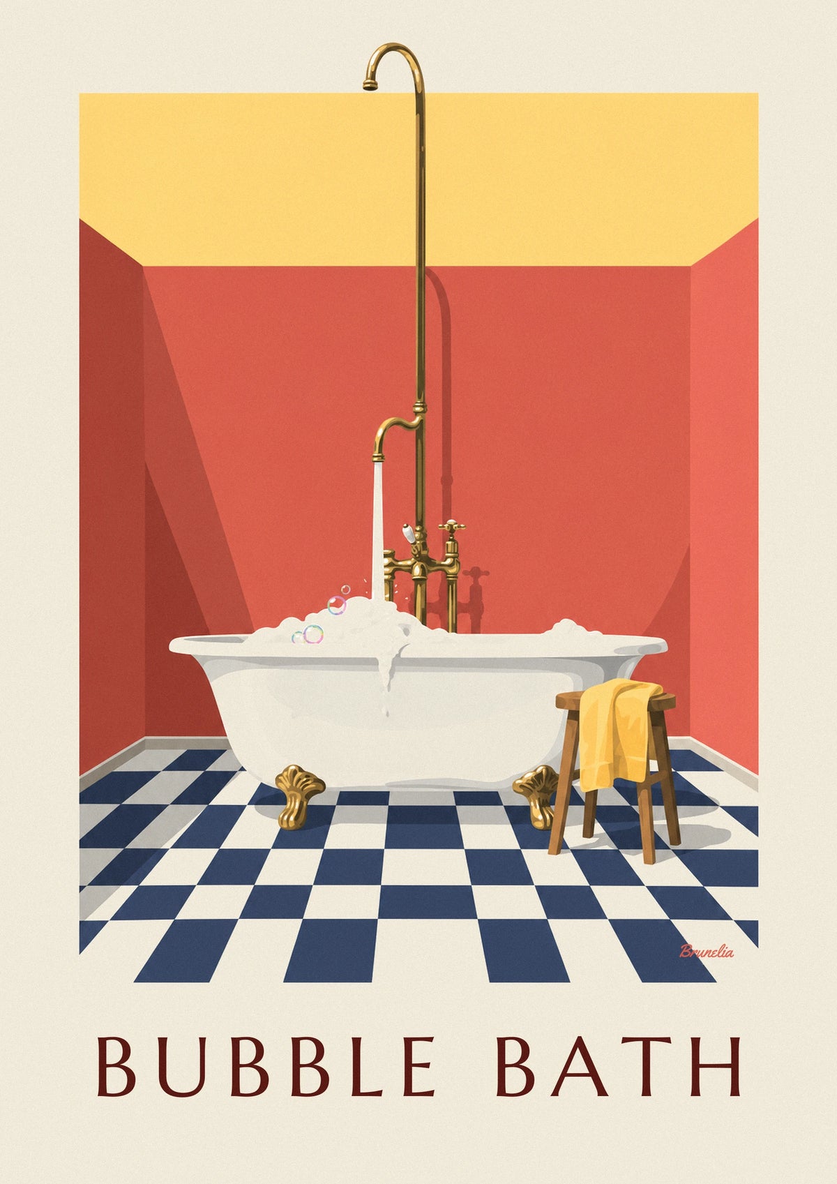 Clawfoot bathtub overflowing with bubbles, red walls poster