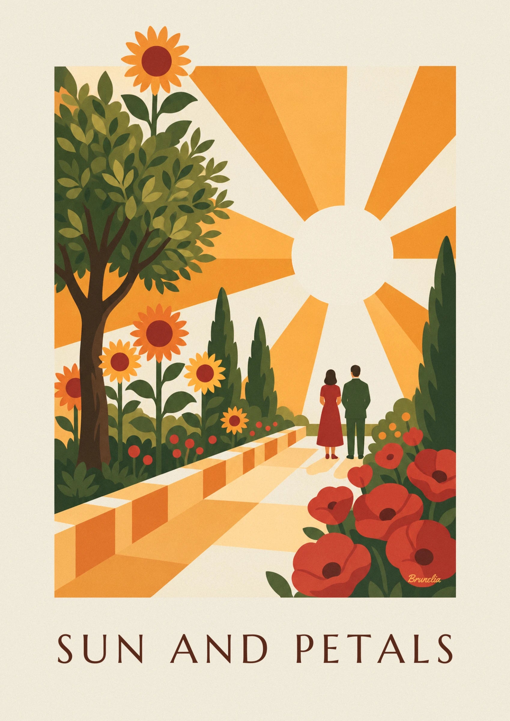 Le couple de dos, elle en robe rouge et lui en costume vert, face aux rayons du soleil