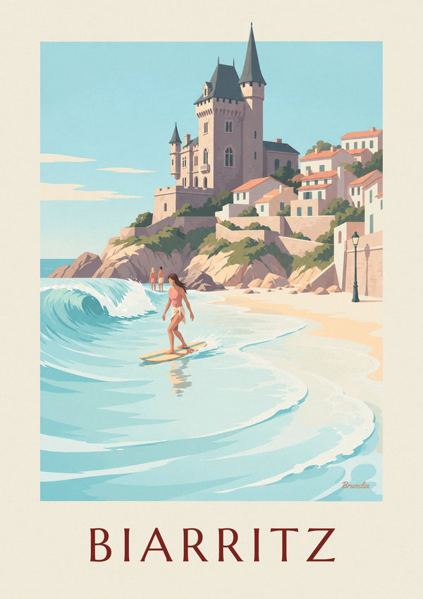 Affiche longboardeuse à la Côte des Basques de Biarritz
