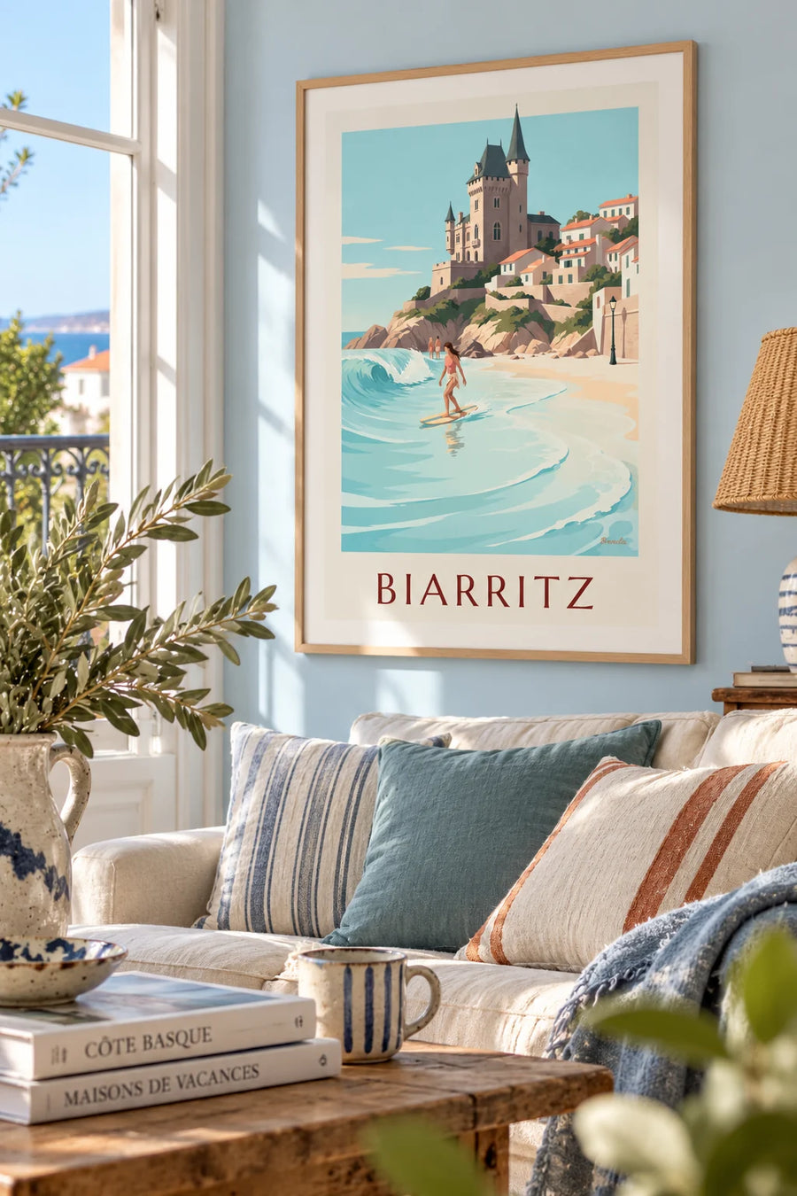 Póster de surfista con longboard en la Côte des Basques de Biarritz: enmarcado en la pared