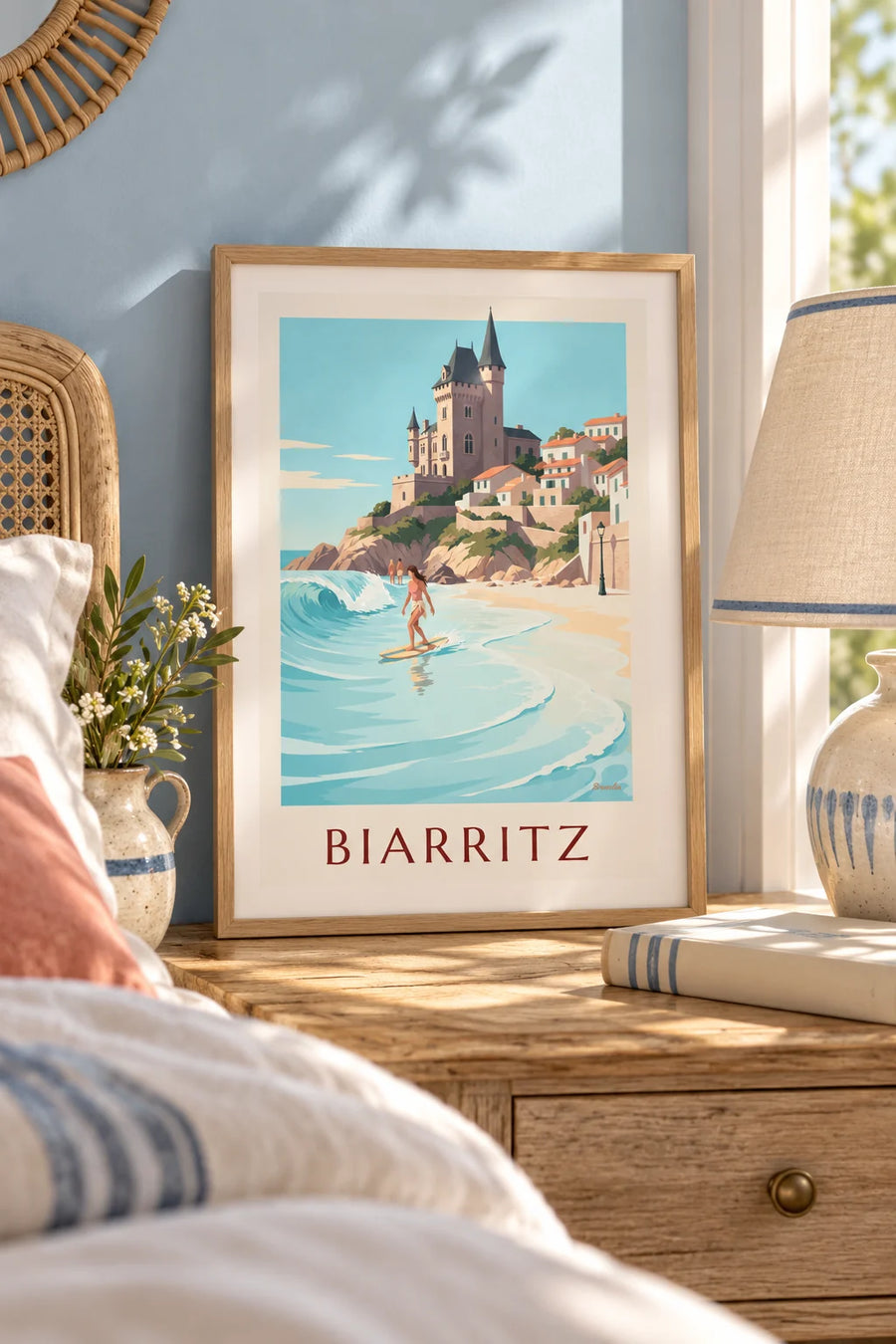 Póster de una surfista de longboard en la Côte des Basques de Biarritz: formato pequeño A4 enmarcado