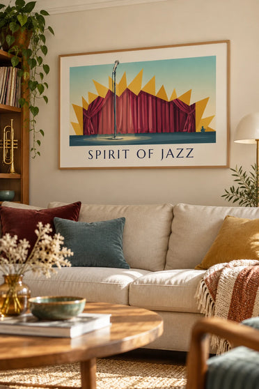 Póster de un micrófono en el escenario de un club de jazz, Spirit of Jazz: enmarcado en la pared