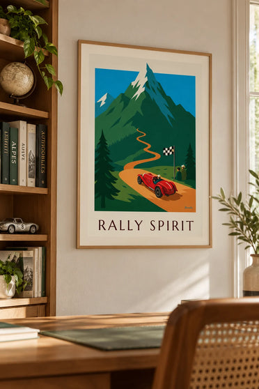Póster de un roadster rojo en un rally de montaña: enmarcado en la pared