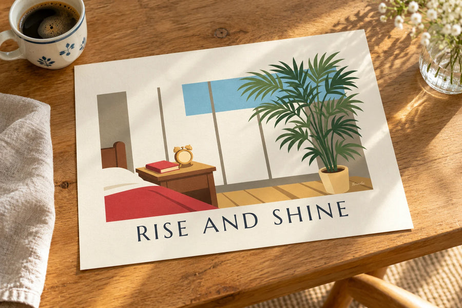 Póster de despertador mecánico de campanas al sol de la mañana: sobre una mesa