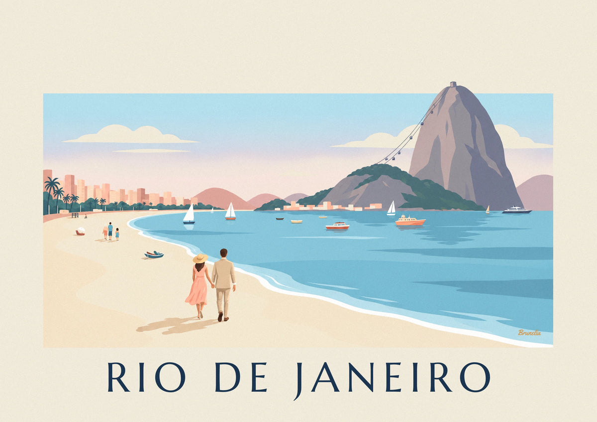 Póster de pareja en la playa de Botafogo frente al Pan de Azúcar en Río