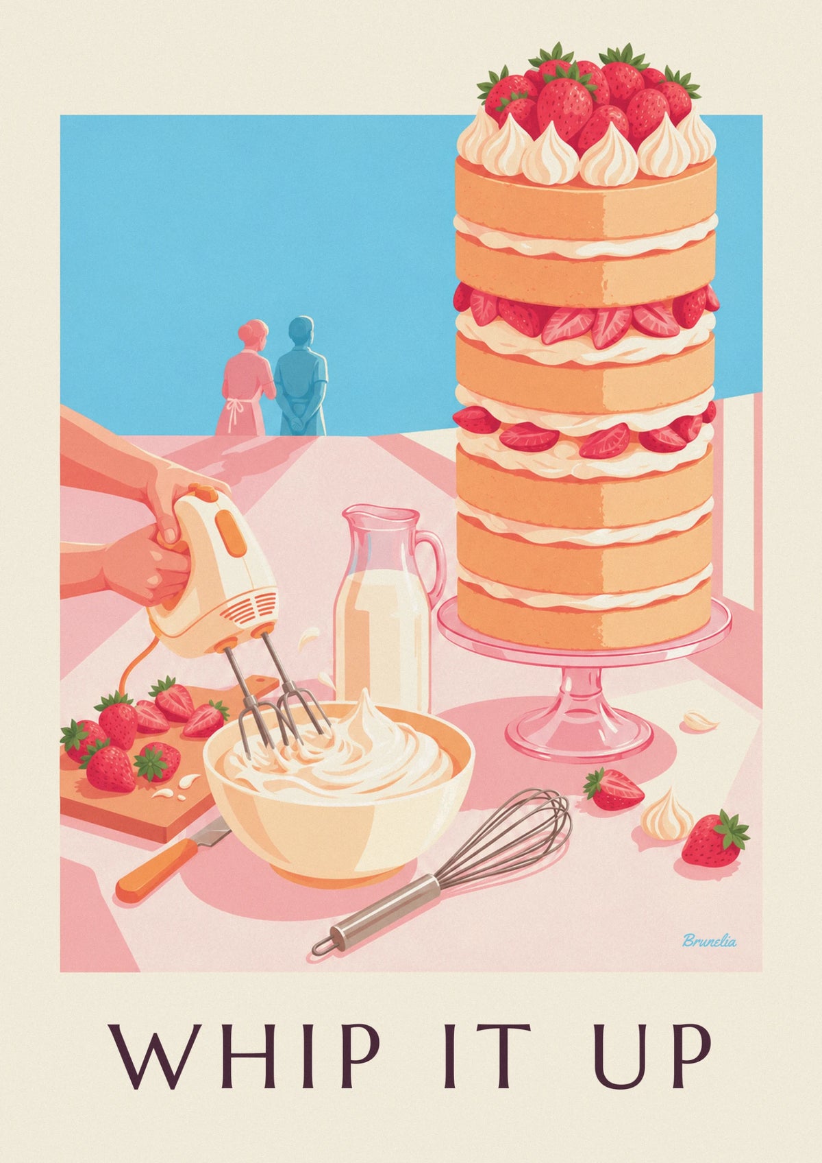 Hand mixer, whipped cream and strawberry cake poster