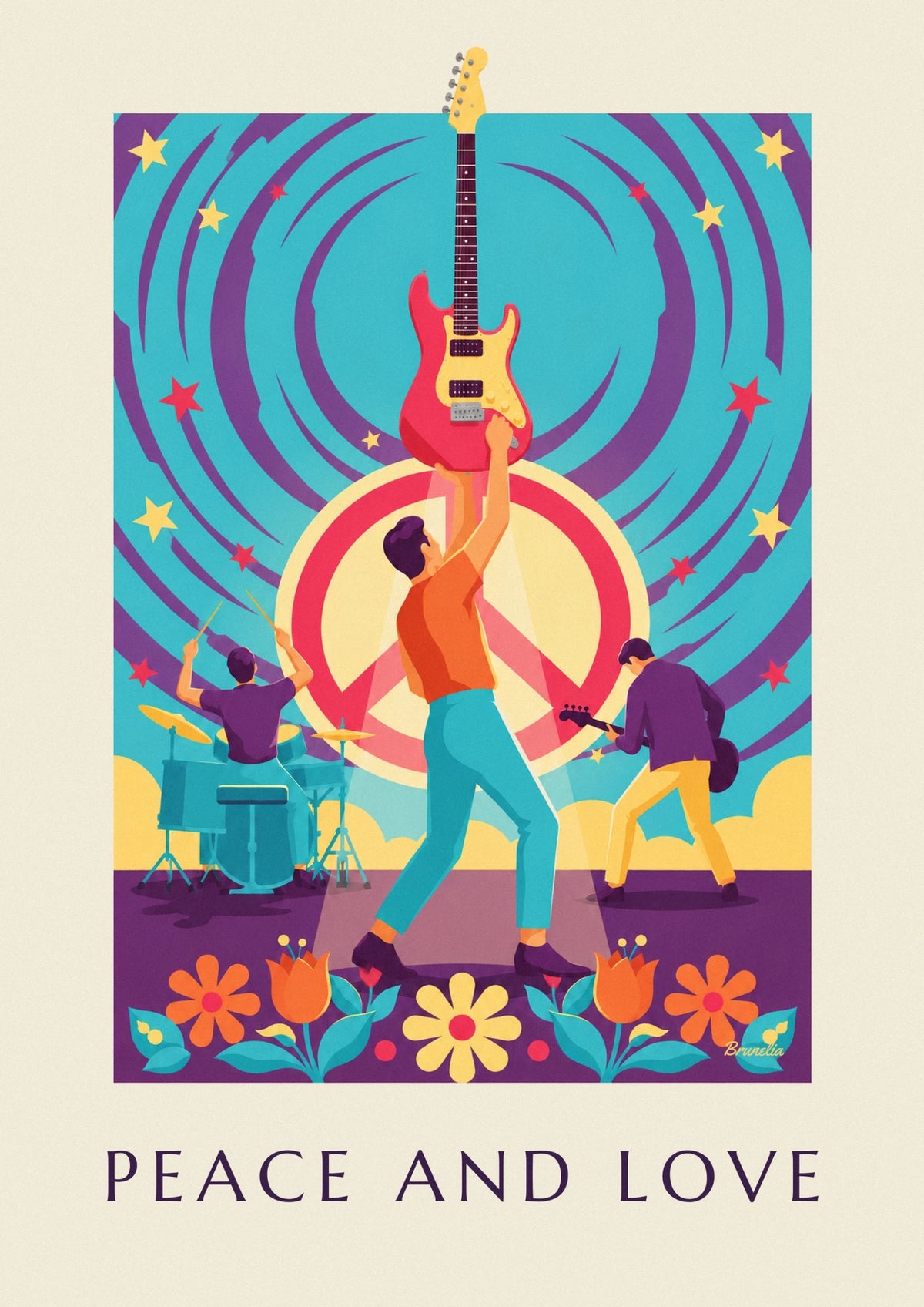 Rock band Peace and Love under colorful stars poster