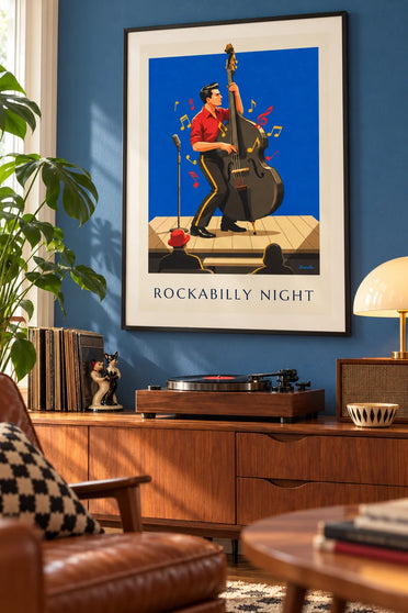 Póster noche rockabilly y músico con contrabajo: enmarcado en la pared