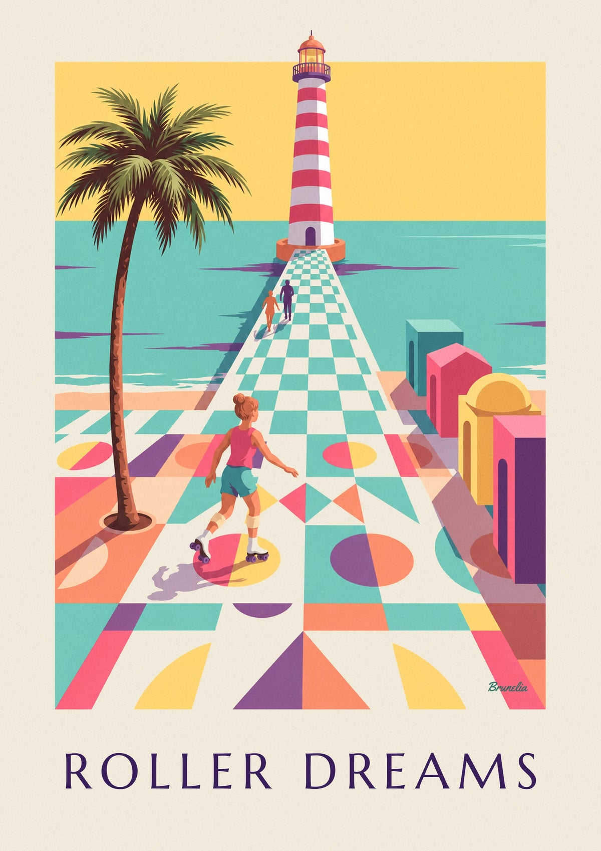 Roller skater on a graphic pier toward a lighthouse poster