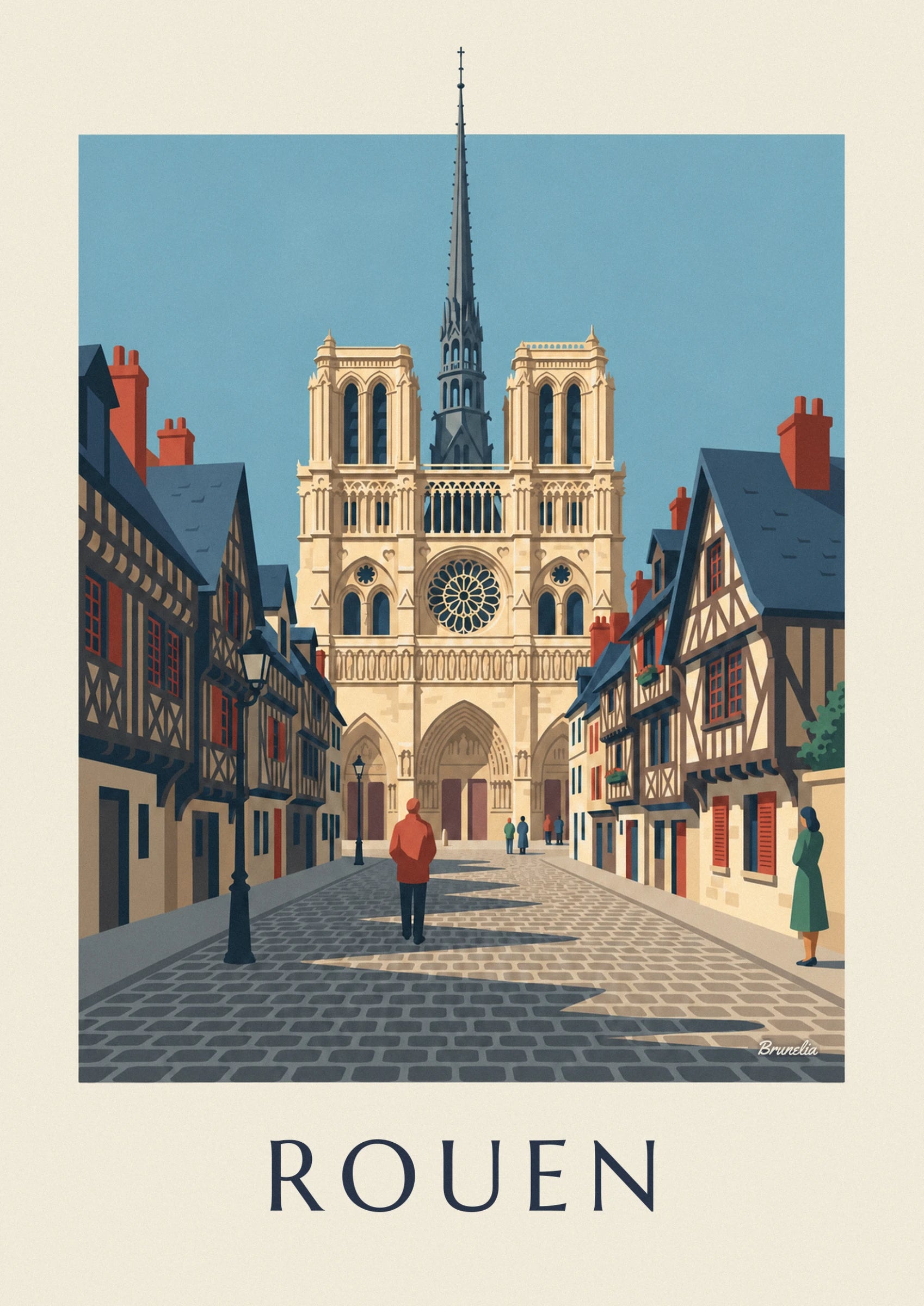 La façade de la cathédrale, sa rosace et sa flèche sombre sur ciel bleu