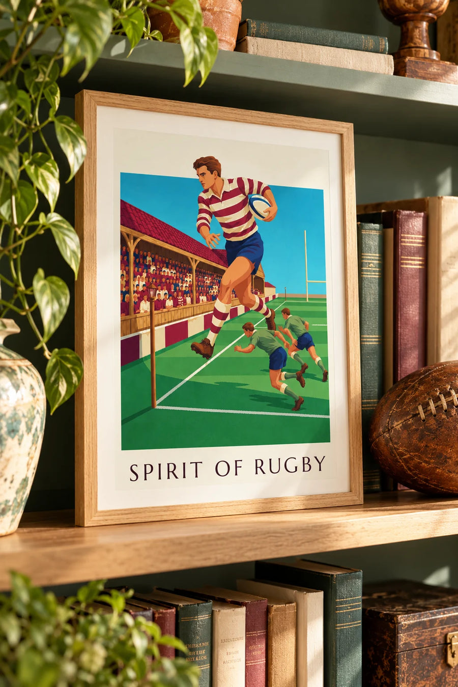Póster de un jugador de rugby corriendo a toda velocidad por la banda: formato pequeño A4 enmarcado