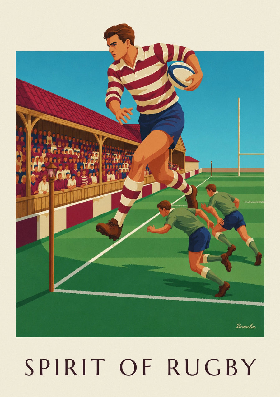 Affiche joueur de rugby sprintant le long de la touche