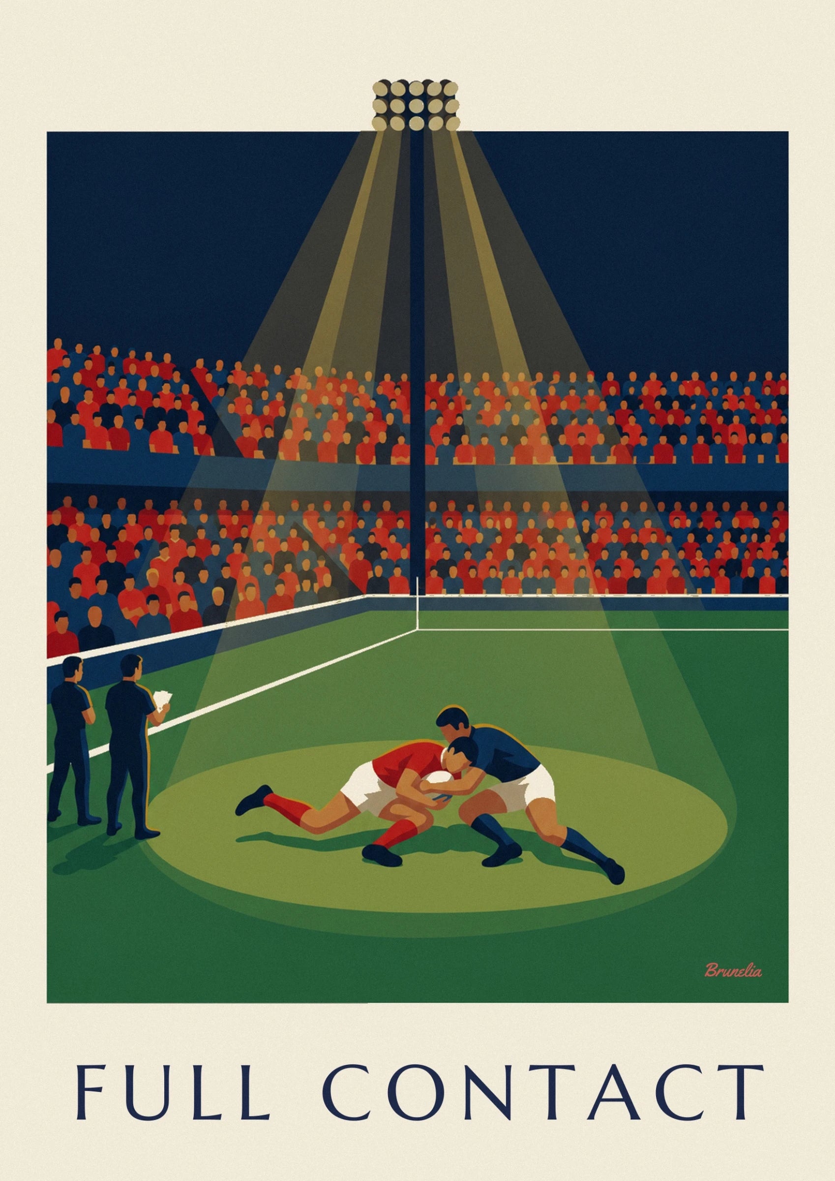 Le plaquage entre 2 rugbymen en rouge et bleu, sur la pelouse du stade