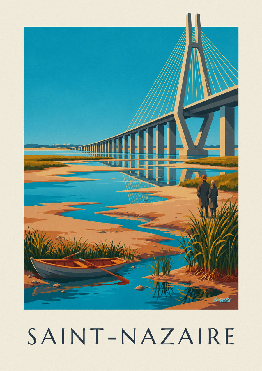 Póster del puente de Saint-Nazaire y barca en el estuario