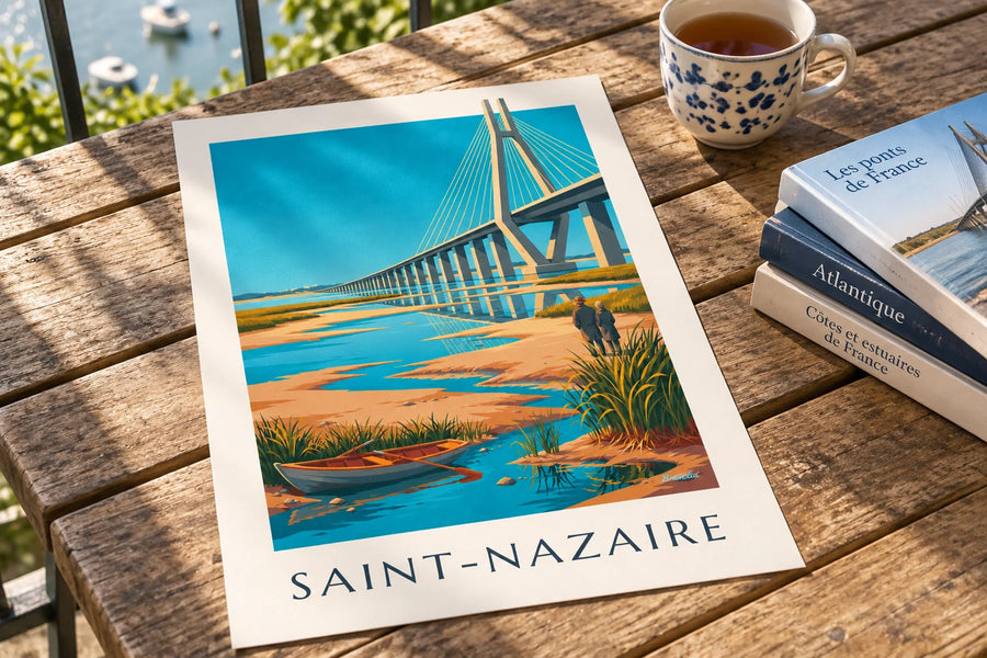 Póster puente de Saint-Nazaire y barca en el estuario: apoyado sobre una mesa