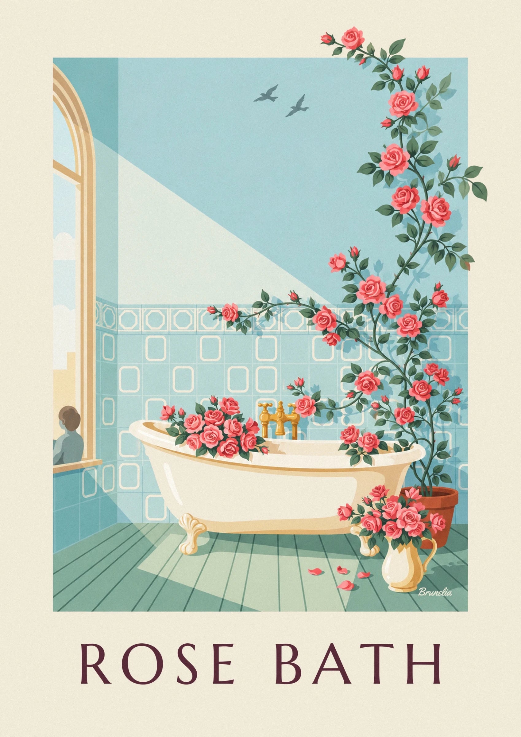 La bañera color crema sobre patas doradas, rodeada de rosas sobre un suelo de madera verde