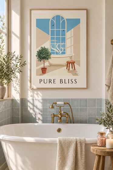 Affiche baignoire, sels de bain et pétales de rose : encadrée au mur