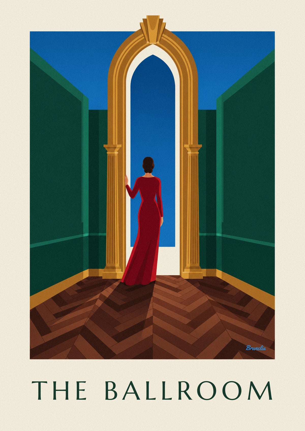 Woman in red dress under golden ballroom arch poster