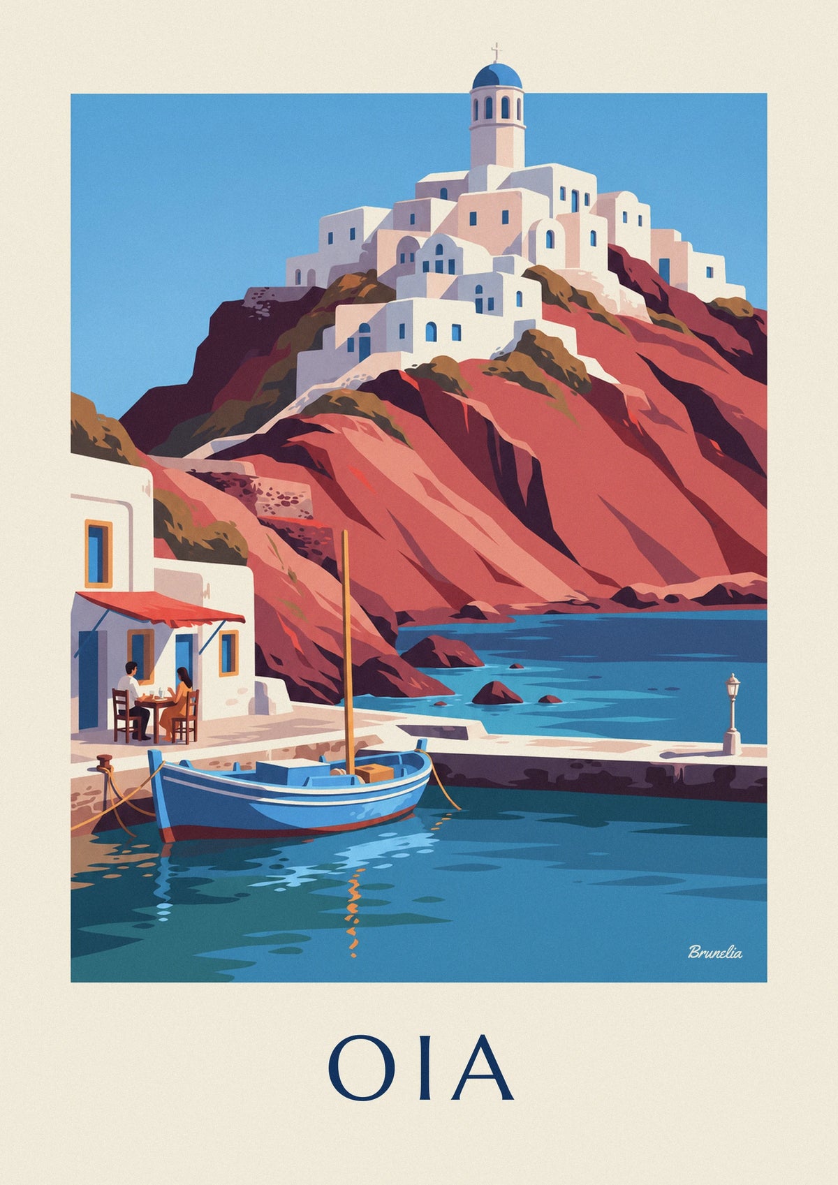 Blue boat at Ammoudi harbor below Oia poster