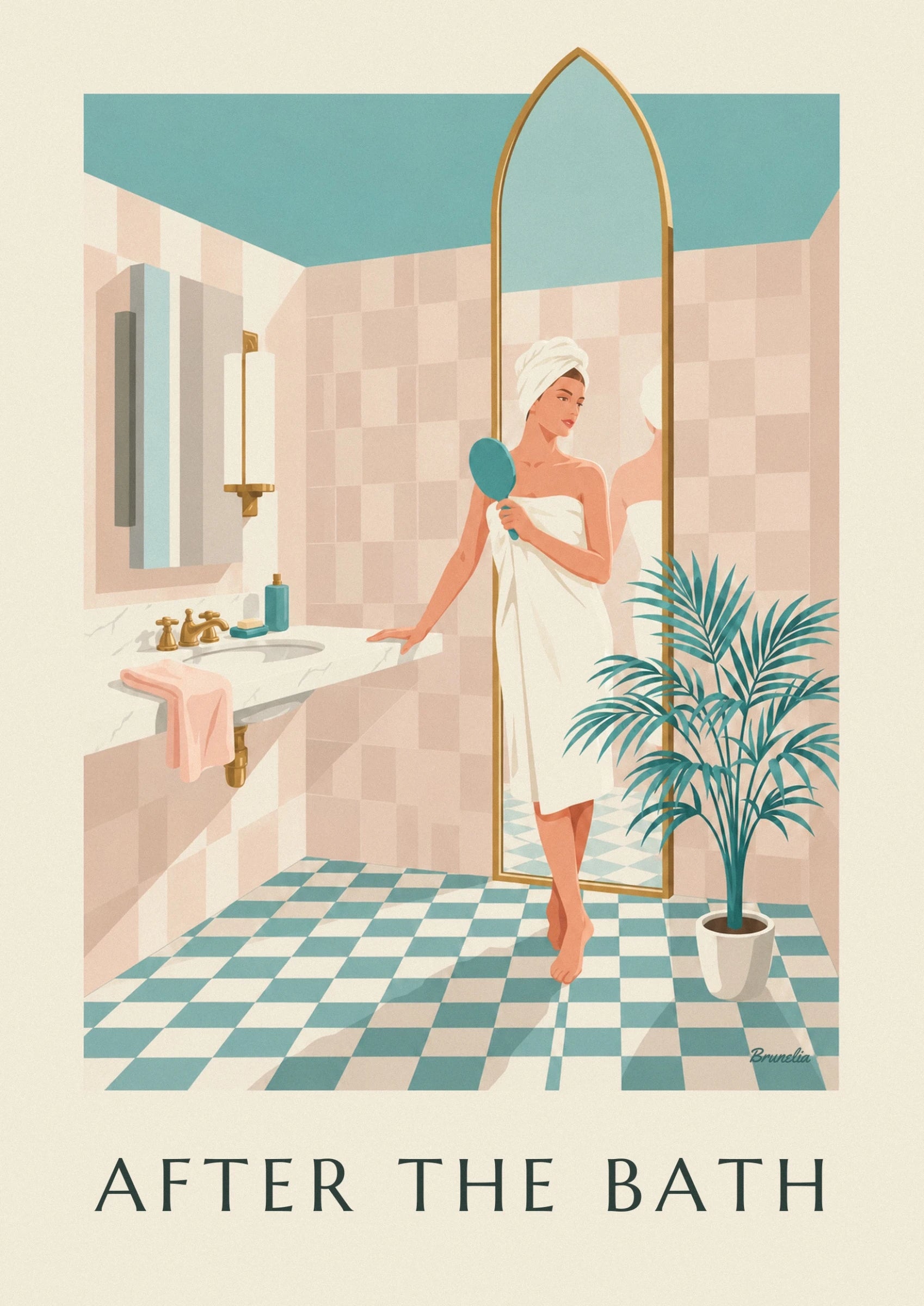 La femme en serviette blanche, turban sur la tête et miroir turquoise à la main