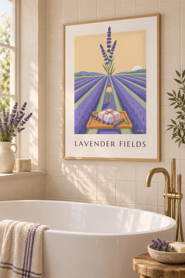 Póster de jabón artesanal de lavanda y campo de lavanda: enmarcado en la pared