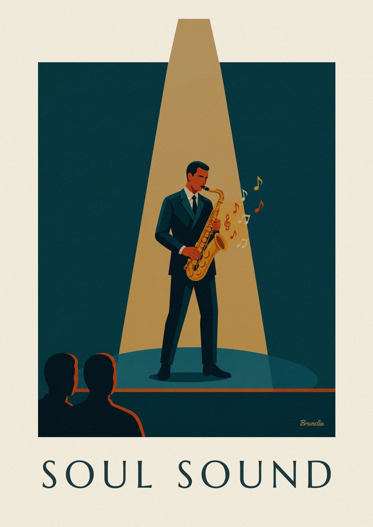 Golden saxophone in a jazz spotlight poster