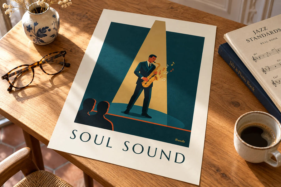 Póster saxofón dorado bajo un haz de luz de jazz: apoyado sobre una mesa