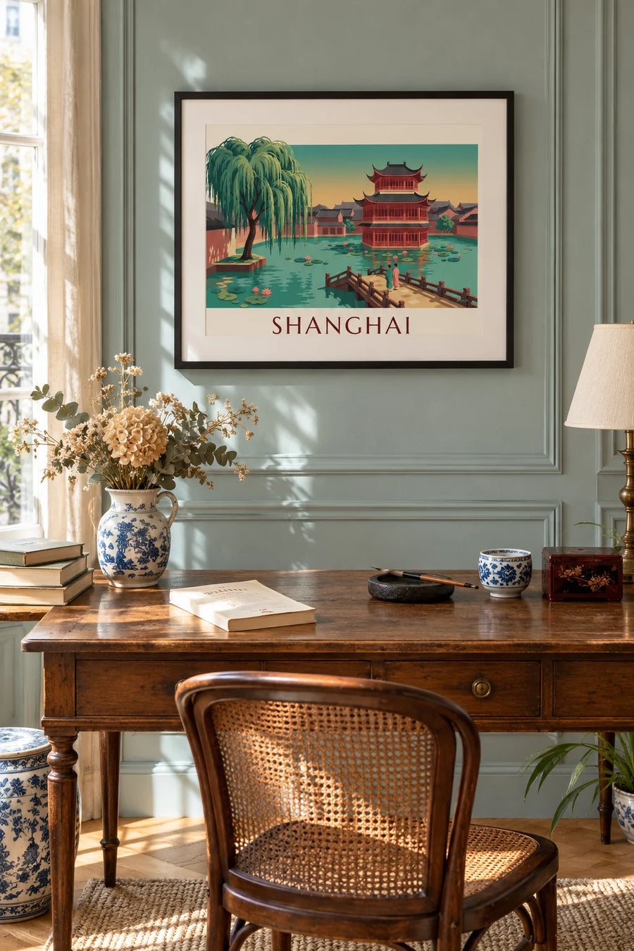 Póster casa de té del jardín Yuyuan en Shanghái: enmarcado en la pared