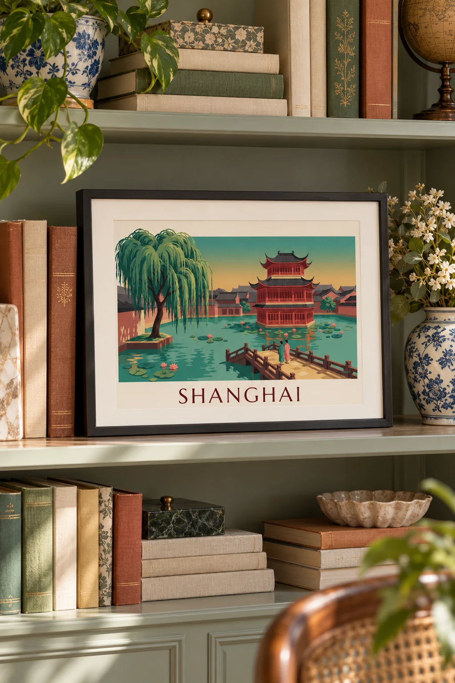 Póster casa de té del jardín Yuyuan en Shanghái: formato pequeño A4 enmarcado