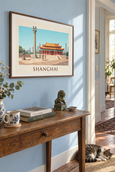 Póster del templo de Jing'an y sus pabellones dorados en Shanghái: enmarcado en la pared
