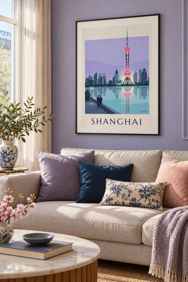Póster de la torre Perla de Oriente de Shanghái de noche: enmarcado en la pared