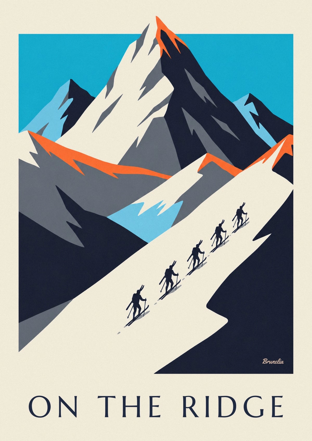 Skier silhouettes on a snowy ridge poster