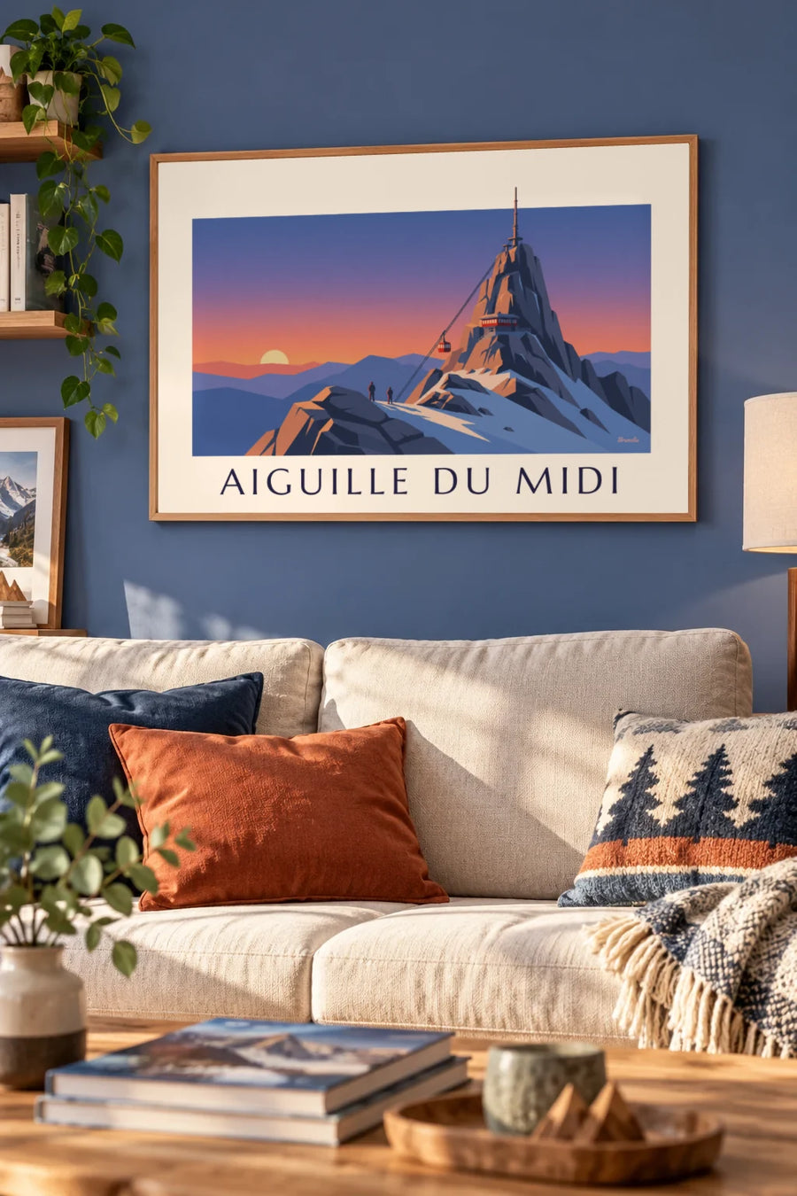 Póster del teleférico de la Aiguille du Midi al atardecer: enmarcado en la pared