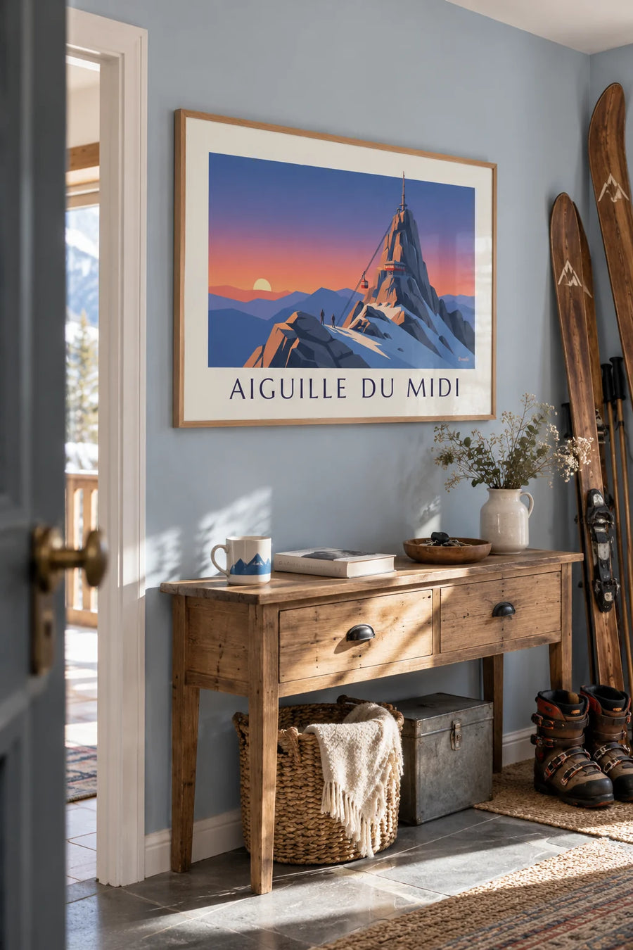 Affiche téléphérique de l'Aiguille du Midi au coucher du soleil : encadrée au mur