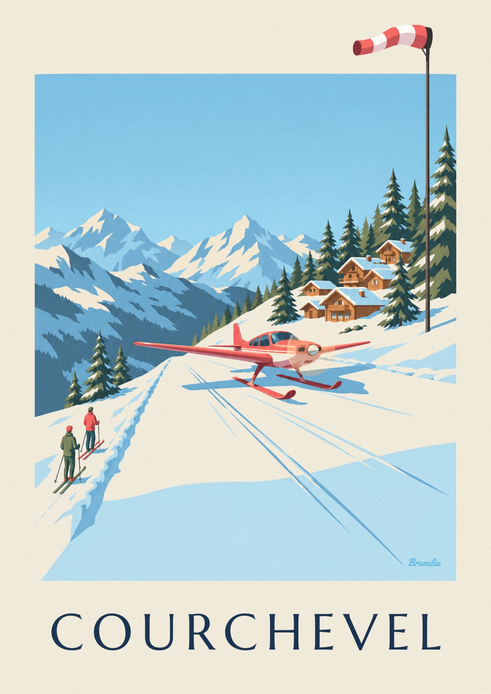 La pequeña avioneta roja con esquíes, posada sobre la nieve frente a los chalés de madera