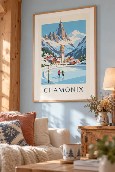 Póster de patinadores en la pista de hielo de Chamonix y la Aiguille du Midi: enmarcado en la pared