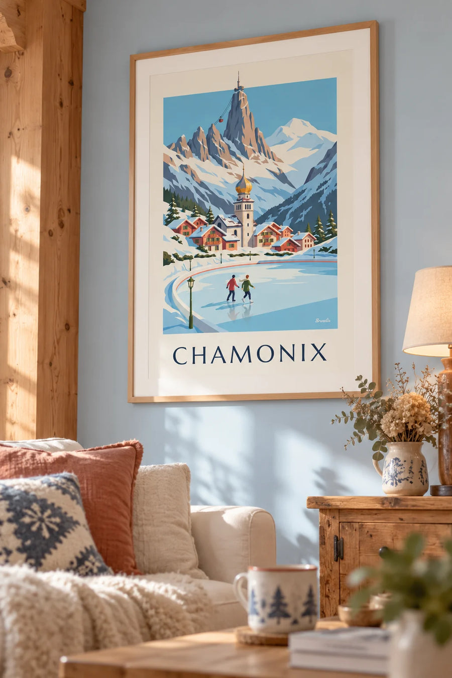 Affiche patineurs sur la patinoire de Chamonix et l'Aiguille du Midi : encadrée au mur