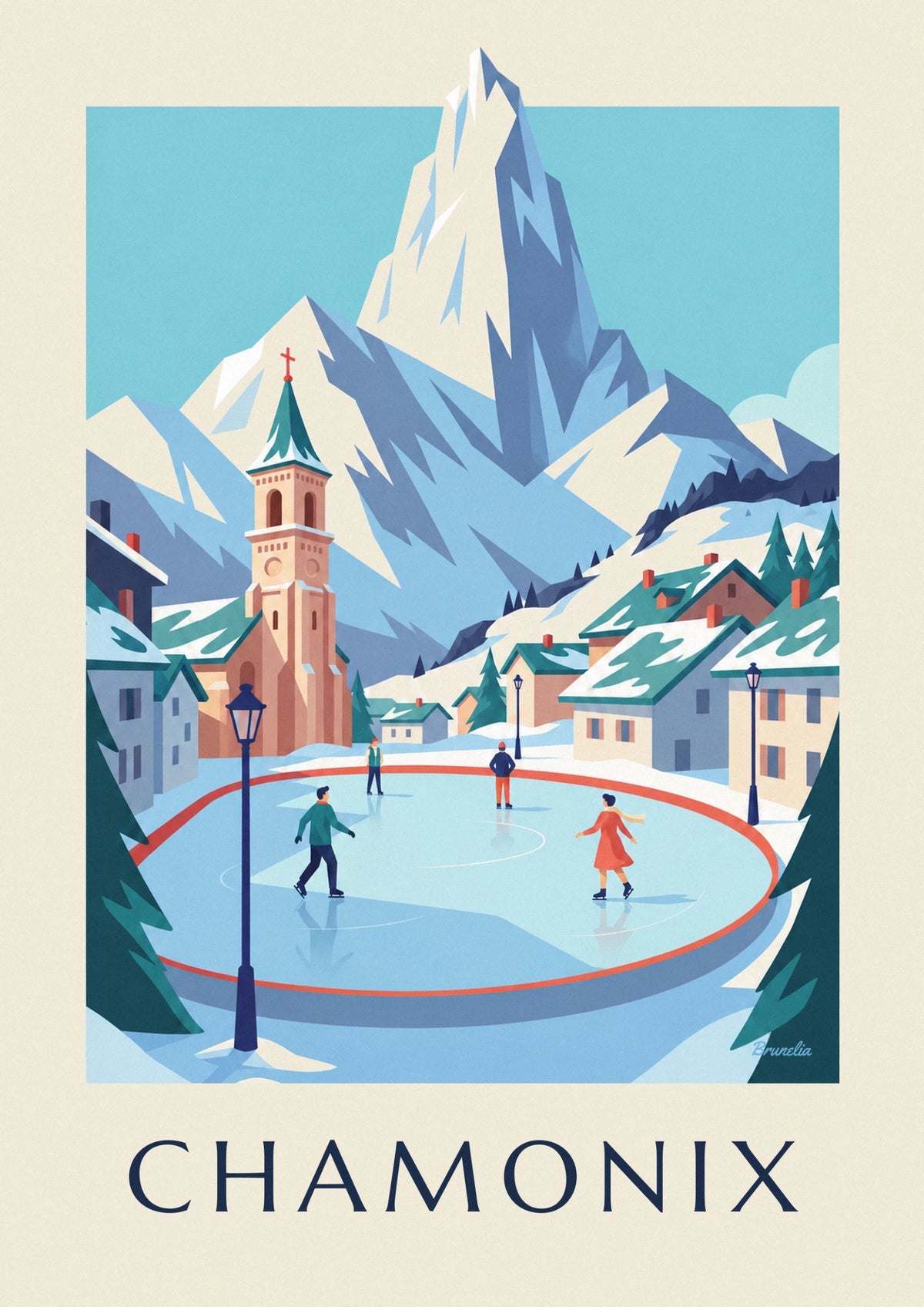 Chamonix ice rink and Aiguille du Midi skaters poster