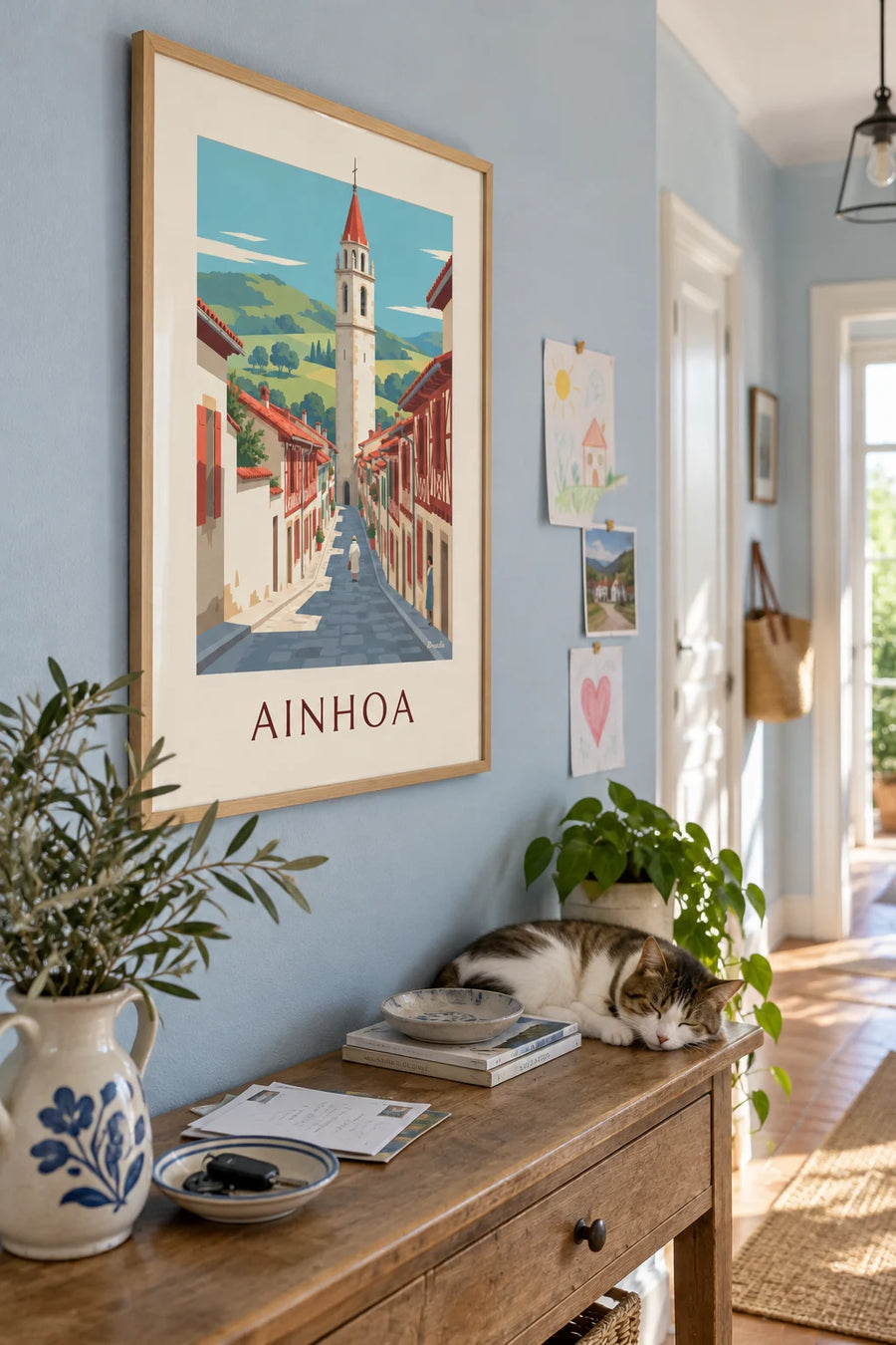 Street of white and red houses in Ainhoa poster: framed on the wall