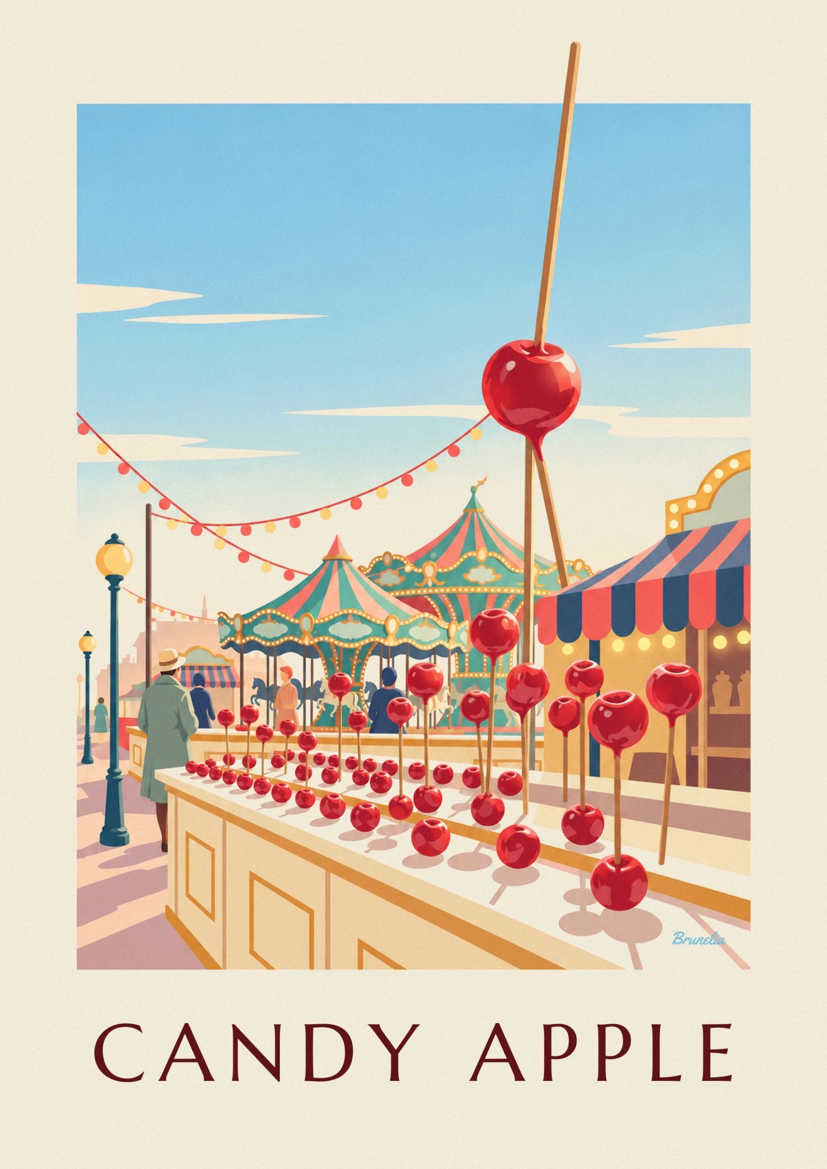 A glossy red toffee apple on a stick against the blue sky and garlands