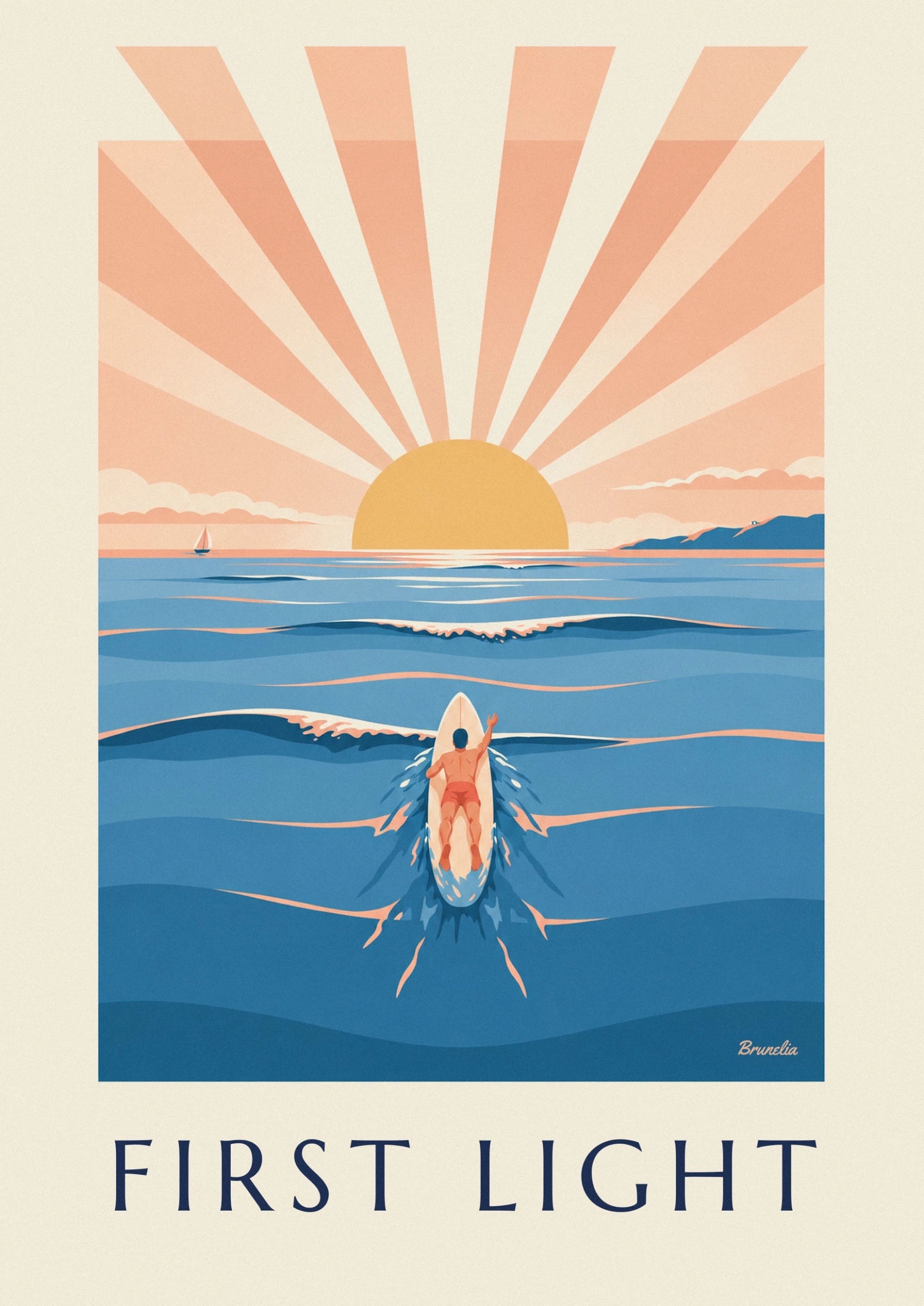 Le surfeur en short corail ramant sur sa planche claire, au milieu des remous bleus