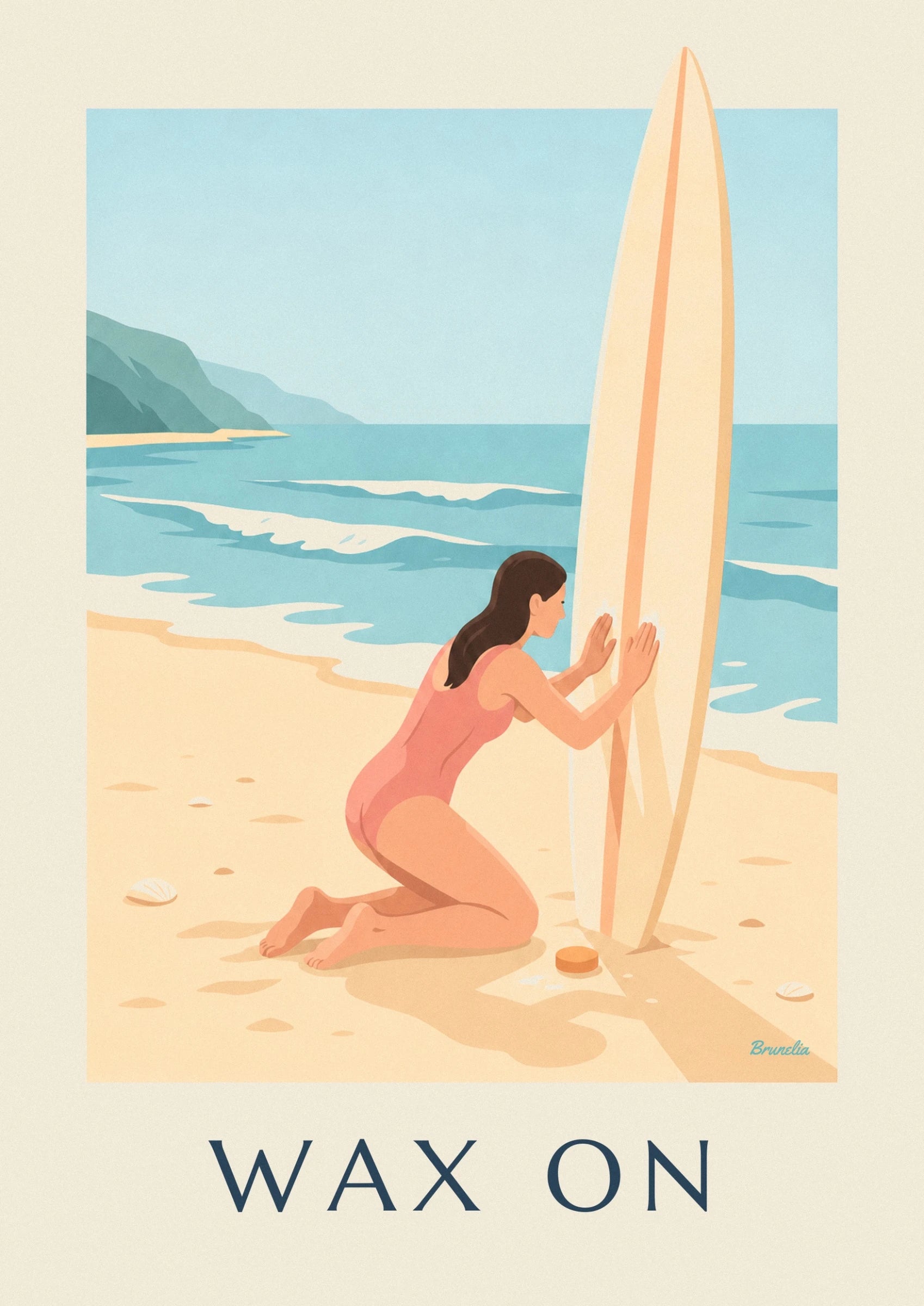 The surfer in a coral swimsuit kneeling in front of her board, with her bar of wax on the sand